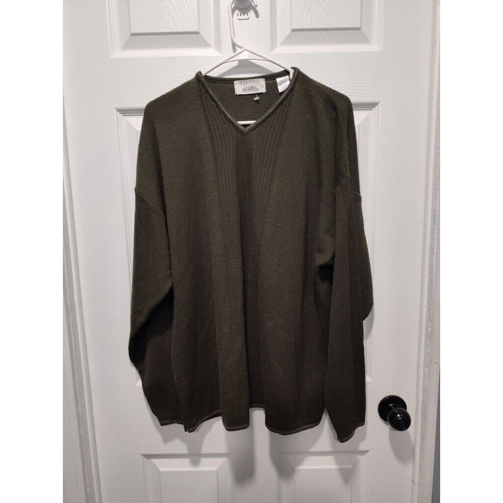Fiesole Mens Italian Made‎ Dark Olive Green Wool Blend Vneck Sweater Size Large